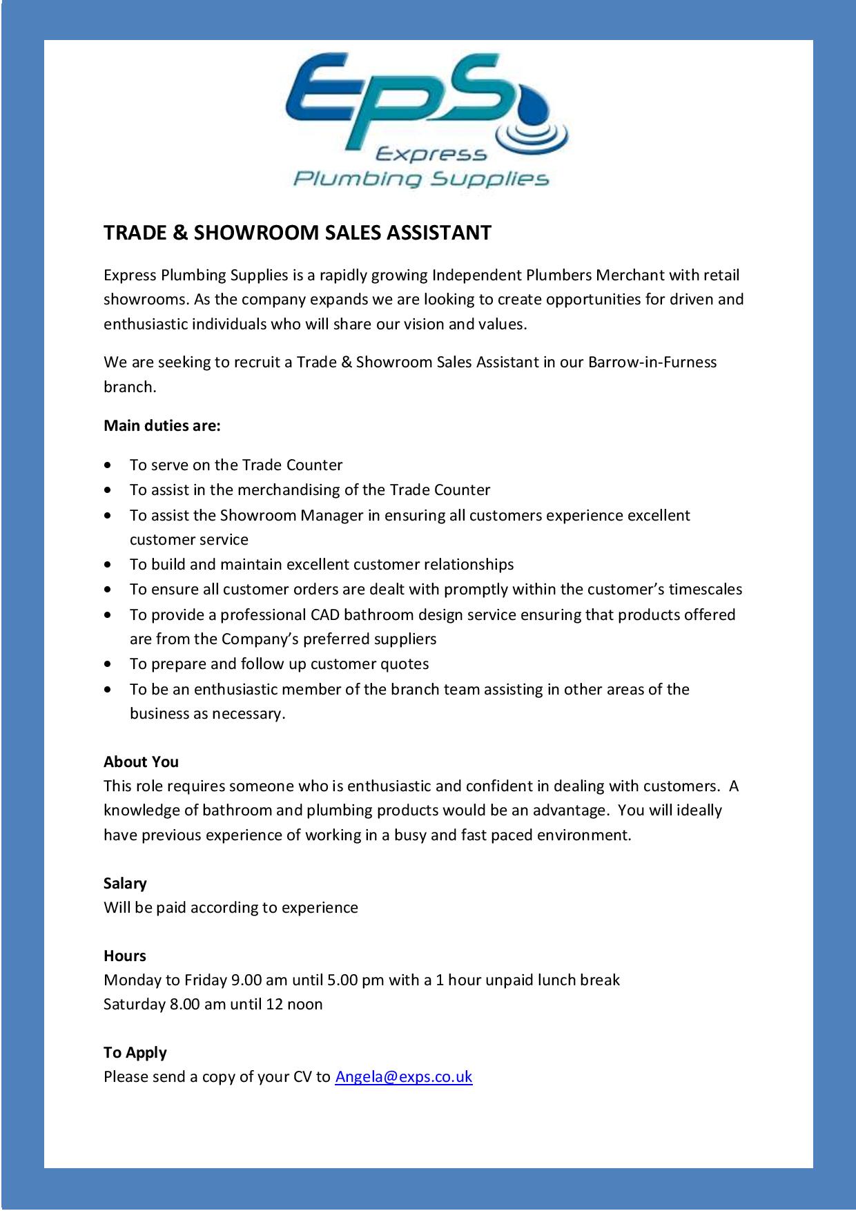 Trade Showroom Sales Assistant-page-001 - Express Plumbing Supplies